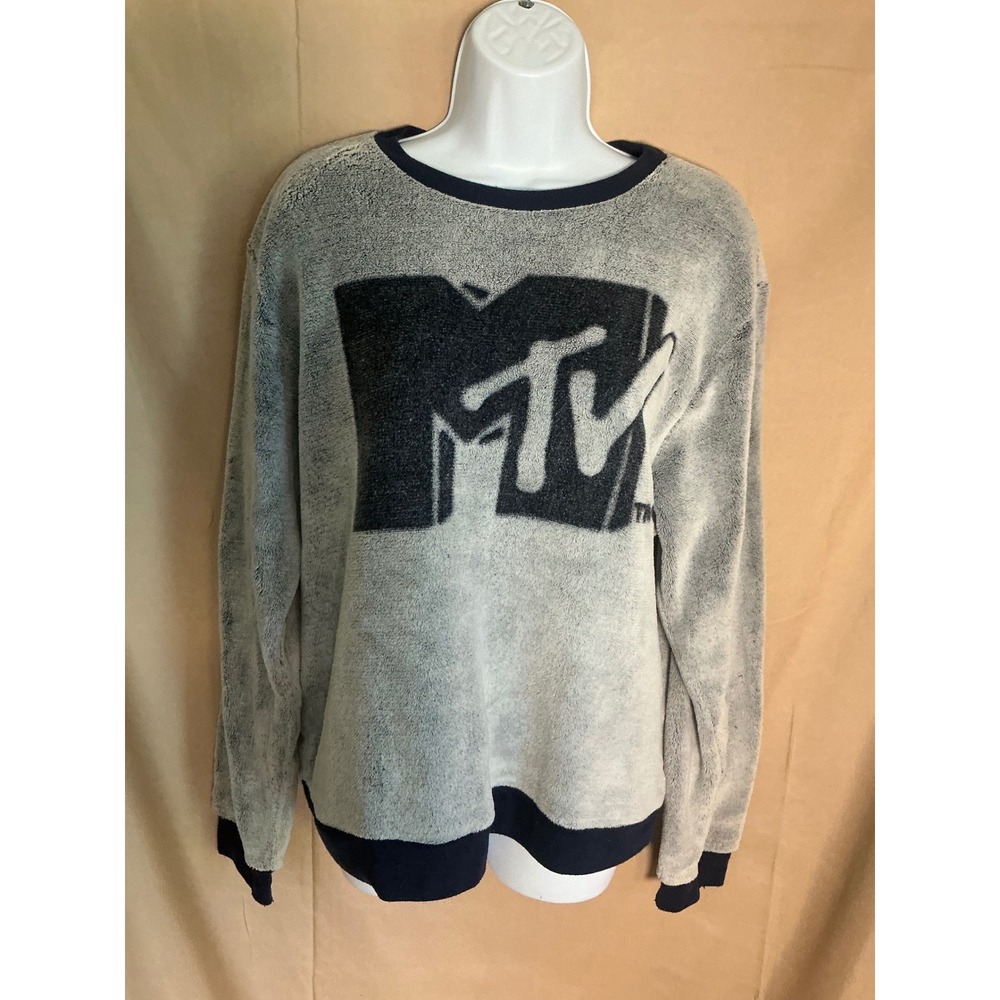 MTV Fleece Sweatshirt Unisex XL Blue Good Graphic Logo Retro Plush Pullover